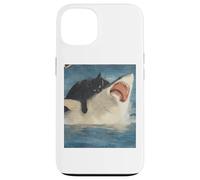 Carcasa para iPhone 13 Funny Ocean Adventure Cat Biting a Shark Vintage