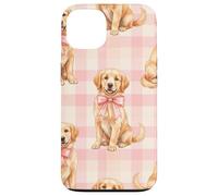 Carcasa para iPhone 13 Golden Retriever Puppy Lazo Rosa Gingham Sweet Dog Design