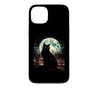 Carcasa para iPhone 13 Green Cat Luna Llena Ciudad Vigilante Noche Felino