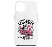 Carcasa para iPhone 13 Im Not Always a Trainwreck Cute Raccoon Pink Toot Train