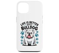 Carcasa para iPhone 13 La Vida es Mejor con un Bulldog, Perro matón Blanco