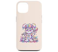 Carcasa para iPhone 13 Lindo Conejo de béisbol de Pascua arcoíris Goteo niños niños niños pequeños