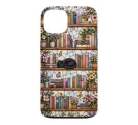 Carcasa para iPhone 13 Literary Cat Book Lover Floral Estantería Vitral
