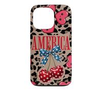 Carcasa para iPhone 13 Pro Brown Cheetah America Girls con Estampado de Leopardo, Cereza y Lazo