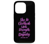 Carcasa para iPhone 13 Pro Ella está Vestida con Fuerza dignidad versículo bíblico