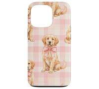 Carcasa para iPhone 13 Pro Golden Retriever Puppy Lazo Rosa Gingham Sweet Dog Design