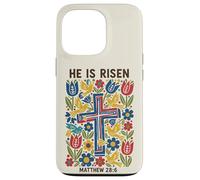 Carcasa para iPhone 13 Pro He Is Risen Matthew 28:6 Cruz de Pascua Floral