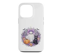 Carcasa para iPhone 13 Pro Kawaii Fantasma Gato Negro Calabaza Halloween Floral