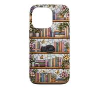 Carcasa para iPhone 13 Pro Literary Cat Book Lover Floral Estantería Vitral