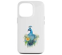 Carcasa para iPhone 13 Pro Majestuoso pájaro Pavo Real con Vibrante Arte Floral en Acuarela