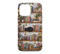 Carcasa para iPhone 13 Pro MAX Literary Cat Book Lover Floral Estantería Vitral