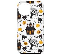 Carcasa para iPhone 13 Pro Max Scary Jack O'Lantern Cats Casa espeluznante, patrón de Halloween