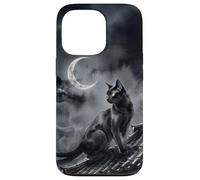Carcasa para iPhone 13 Pro Nekomata Yokai Gato Negro Luna Creciente Arte Sumi-e