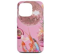 Carcasa para iPhone 13 Pro Pink Preppy Disco Ball Camarones Martini Cóctel Verano Divertido