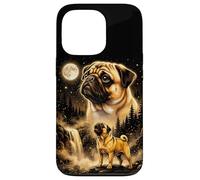 Carcasa para iPhone 13 Pro Serene Pug Dog Moonlit Bosque Cascada Arte Canino