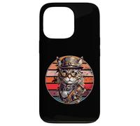 Carcasa para iPhone 13 Pro Steampunk Cat Retro Sunset Gafas, Sombrero y Relojes