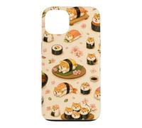 Carcasa para iPhone 13 Shiba Inu Lindo Sushi Divertido Comida Japonesa Rosa Floral