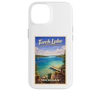 Carcasa para iPhone 14 Arte de Viaje Retro de Michigan Torch Lake Traverse City Up North
