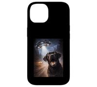 Carcasa para iPhone 14 Black Lab Dog Selfie Alien UFO Abducti0n Bosque Escena Espacial