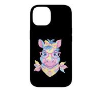 Carcasa para iPhone 14 Blue Pig Retrato Animal Lover Graphic Gafas Rosa Floral