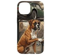 Carcasa para iPhone 14 Boxer Dog Mechanic Garage Escena de reparación de Coches clásicos