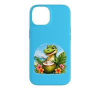 Carcasa para iPhone 14 Cocodrilo Divertido en la Playa, Flores Tropicales de Coco
