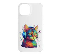 Carcasa para iPhone 14 Colorful Cat Portrait Art Headphones Music Lover Graphic