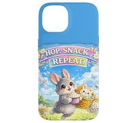 Carcasa para iPhone 14 Cute Bunny Hops Snack Repeat Pastel Spring Huevos Decorativos