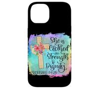 Carcasa para iPhone 14 Ella está Vestida de Fuerza y dignidad Escritura Cristiana