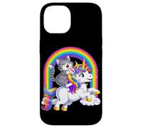 Carcasa para iPhone 14 Gato Montando Unicornio Arco Iris Fantasía Lindo