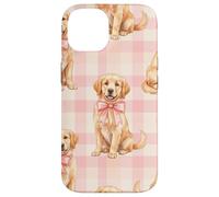 Carcasa para iPhone 14 Golden Retriever Puppy Lazo Rosa Gingham Sweet Dog Design