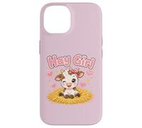 Carcasa para iPhone 14 Heno Girl Cute Cow Kawaii Farm Animal Pink Bow Hearts