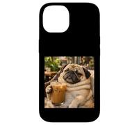 Carcasa para iPhone 14 Lazy Sunday Coffee Pug Funny Relaxing Meme