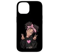 Carcasa para iPhone 14 Linda Chica Signo de Paz Pelo Rizado Divertido gráfico juguetón Trippy