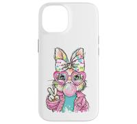 Carcasa para iPhone 14 Lindo Conejo de Pascua Signo de Paz Bubble Gum Spring Art Kids Girl