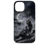Carcasa para iPhone 14 Nekomata Yokai Gato Negro Luna Creciente Arte Sumi-e
