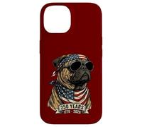 Carcasa para iPhone 14 Perro Pug con Bandera Estadounidense 250 años 1776-2026 Bicentenario de EE. UU.