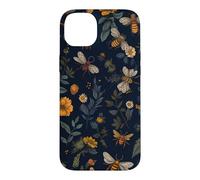 Carcasa para iPhone 14 Plus Abejas y Flores Silvestres en Azul Oscuro