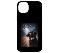Carcasa para iPhone 14 Plus Black Lab Dog Selfie Alien UFO Abducti0n Bosque Escena Espacial