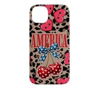 Carcasa para iPhone 14 Plus Brown Cheetah America Girls con Estampado de Leopardo, Cereza y Lazo