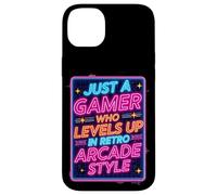 Carcasa para iPhone 14 Plus Camiseta para Videojuegos Estilo Arcade Retro de los 80 con diseño «Just a Gamer Who Levels Up»