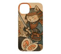 Carcasa para iPhone 14 Plus Divertido Sushi Samurai Cat Dojo Puesta de Sol Ukiyo-e Manga Kanji Art