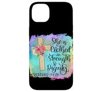 Carcasa para iPhone 14 Plus Ella está Vestida de Fuerza y dignidad Escritura Cristiana