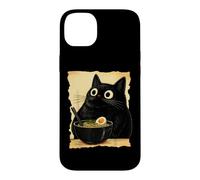 Carcasa para iPhone 14 Plus Funny Black Fat Cat Eating Ramen Japanese Kawaii Anime