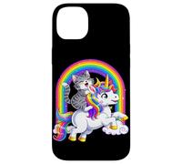 Carcasa para iPhone 14 Plus Gato Montando Unicornio Arco Iris Fantasía Lindo