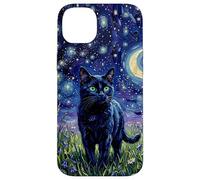 Carcasa para iPhone 14 Plus Gato Negro Noche Resplandor Estrellas y Luna ilustración