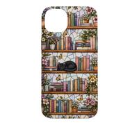 Carcasa para iPhone 14 Plus Literary Cat Book Lover Floral Estantería Vitral