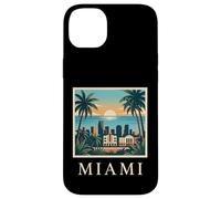 Carcasa para iPhone 14 Plus Miami, Florida, costero, Ciudad, Horizonte, Retro, Puesta de Sol, Playa, Palmera