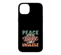 Carcasa para iPhone 14 Plus Peace Love Ukelele Hippie Hawaiano Reproductor de música Retro