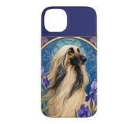 Carcasa para iPhone 14 Plus Perro Afgano Vintage con Flores de Iris púrpura